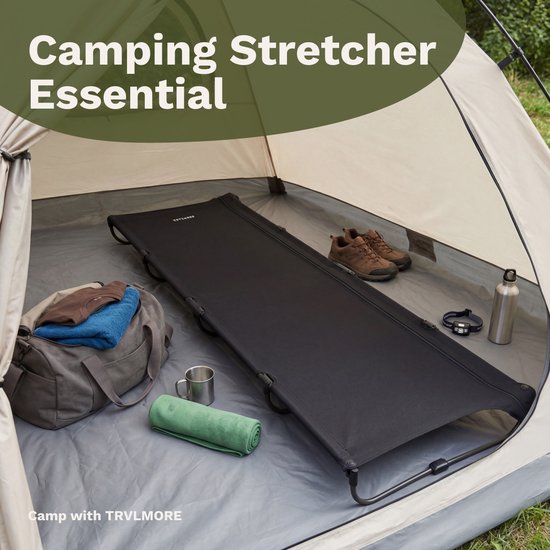 TRVLMORE Veldbed Opvouwbaar - 120KG Draagvermogen - Campingbed Incl. draagtas - Stretcher 1 Persoons - Stalen Frame - 193x66x15 cm - Zwart van Merkloos — afbeelding 2
