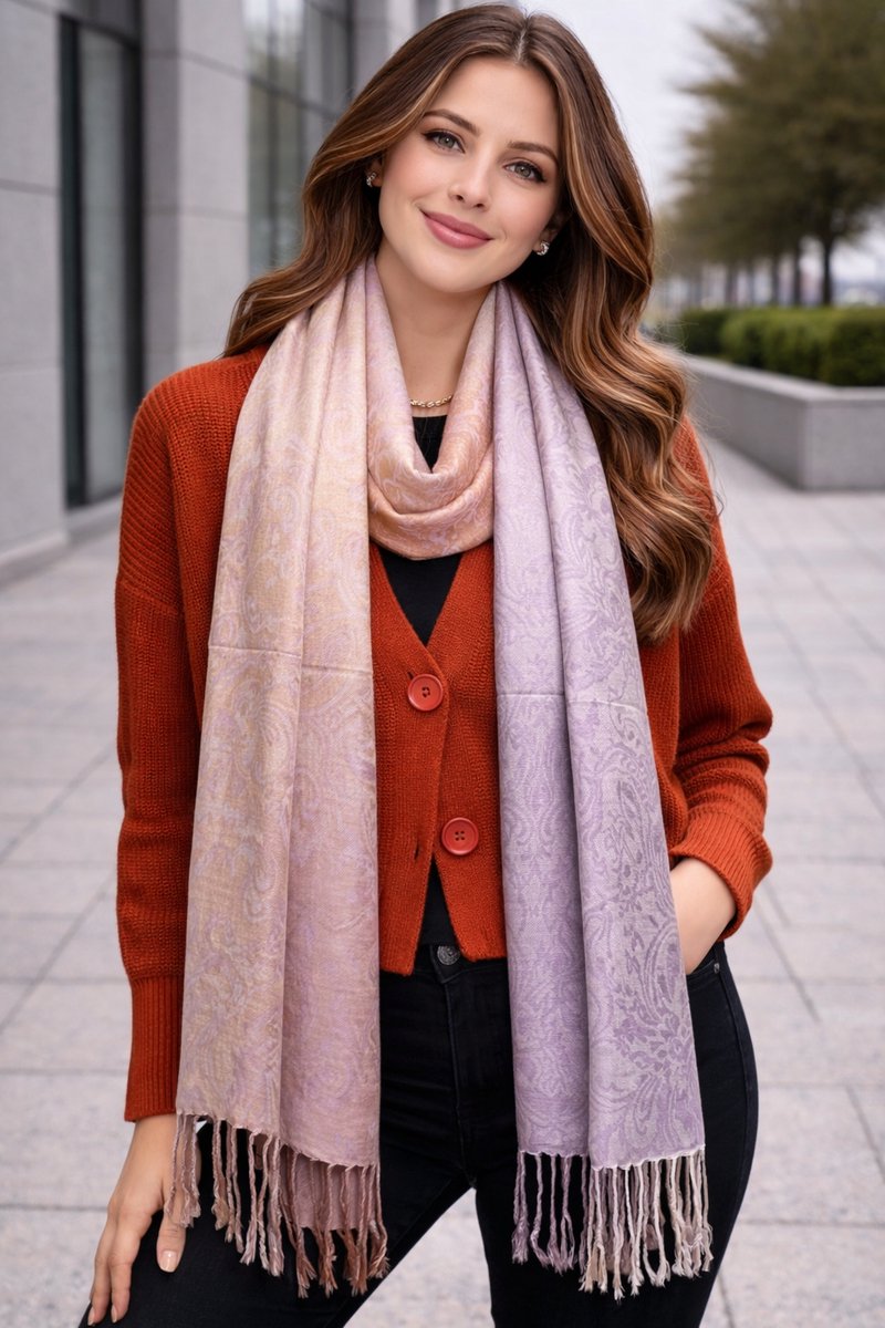 Pashmina Sjaal Dames – Luxe Paisley Sjaal – Zachte Warme Omslagdoek – Elegante Dames Sjaal met Franjes – Fijn geweven trendy Sjaal- Tweezijdige omslagdoek – Verkrijgbaar in Verschillende Kleuren 212/14- Lila met grijs,bruin details