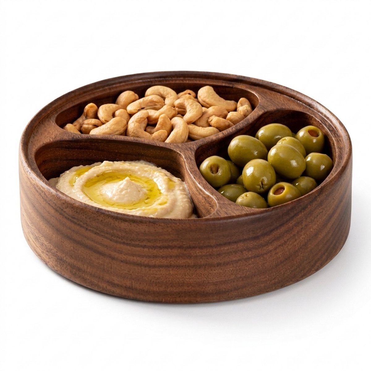 COZELLA® Valona BOWL Snackbox Met Vakjes – Houten Serveerschaal - 3 Vakken - Ø23 cm