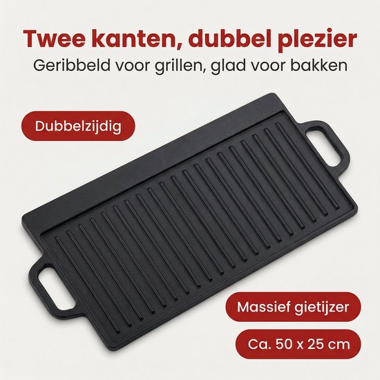 Cheqo® BBQ Grillplaat Gietijzer Dubbelzijdig - Bakplaat - Plancha - Braadplaat - Grillrooster - BBQ Plaat - Geribbeld en Glad - voor Barbecue en Kampvuur - Open Vuur — afbeelding 2