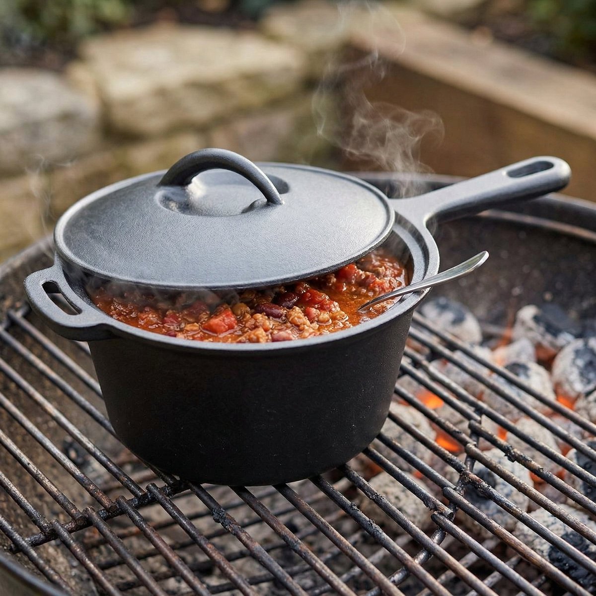 Cheqo® BBQ Sauspan Gietijzer met Deksel - Steelpan - Kookpan - Stoofpan - Gietijzeren Pan - Barbecuepan - BBQ Pan - Campingpan - voor Barbecue en Kampvuur - Open Vuur