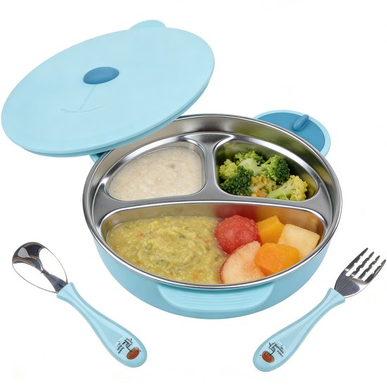 ECTEATOY RVS Baby Bord met Zuignap, Deksel en Lepel