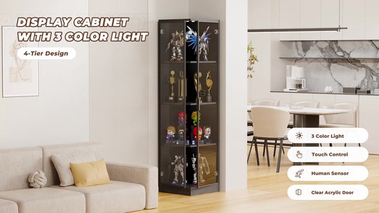 Hoekvitrine Led-licht Hoek Glazen Curiosa Kast Vitrine met Deuren, 5-laags Slaapkamer Huis Curiosa Collectie Kast Vitrine, 70 Hoge Organizers Rek(180cmx40cmx40cm