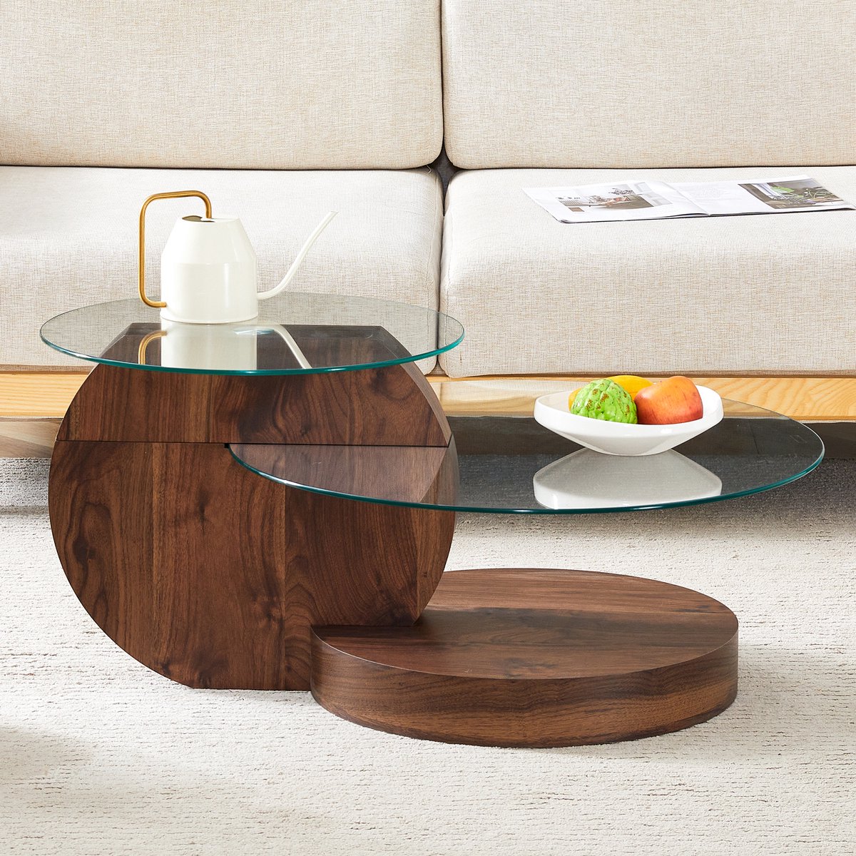 MODFU Salontafel - Gehard Glas En Meerlagige Opbergruimte - Modern - Voor Woonkamer - MDF - Transparant En Walnootkleurig