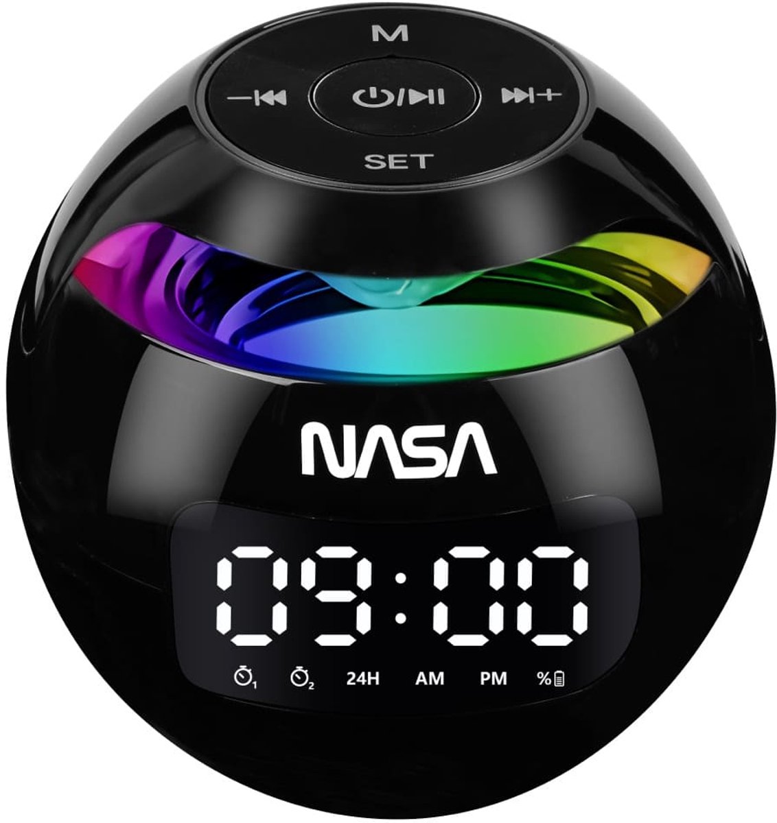 NASA SP200 – Bluetooth 5.0 wekker met 3W RMS-luidspreker, dubbel alarm, veelkleurig omgevingslicht, micro-SD-kaartlezing tot 32 GB, lithiumbatterij 1200 mAh, autonomie 4 uur, LED-klok, compact ontwerp ABS zwart – zwart