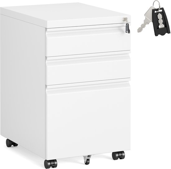 Witte metalen rolcontainer met drie laden en een slot, met sleutels ernaast.