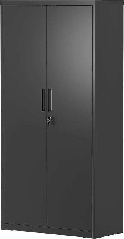 Armoire de classement métallique foncée à deux portes et une serrure.
