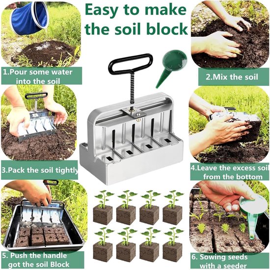 Handmatige Aardbalpers - Bodemblokker Maker - Planten Kweken - 4 Cellen Ontwerp - 19x5x21 cm - Zilver — afbeelding 4