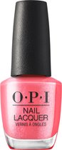 OPI Nail Lacquer flesje met een felroze glinsterende nagellak en zwarte dop.