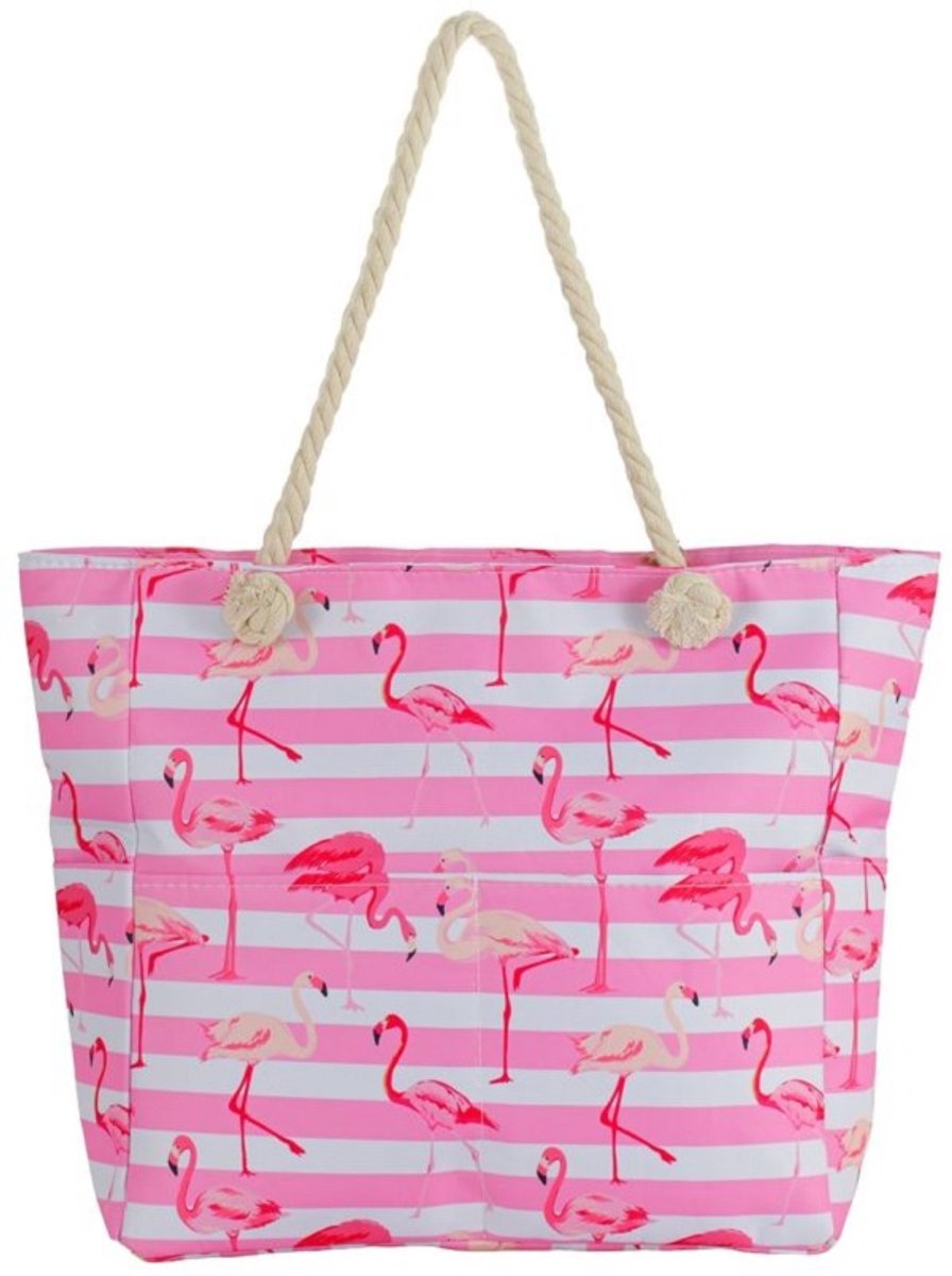Een vrolijke strandtas met een print van een flamingo (51x39x13cm) gevoerd en afsluitbaar met een rits aan de binnenkant. Een handige tas om veel in mee te kunnen nemen. Afgewerkt met twee handvaten van gedraaid touw. Voor uzelf of als Cadeau.