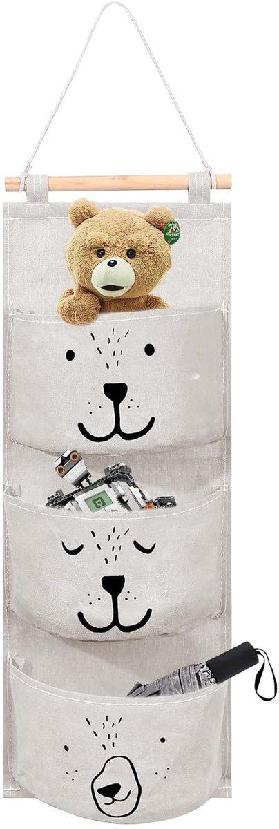 Ultiluxe® Hangende Opbergzak - Wand Organizer Voor Kinderen - Opbergtas Voor Knuffels - 22 x 56 cm - 3 Vakken - Opvouwbaar - Wit/Creme