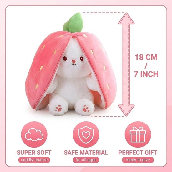 Pluche Haas Aardbei - Zacht Speelgoed Knuffel - Cadeau Kinderen - Omkeerbaar Ontwerp - 25 cm — afbeelding 4