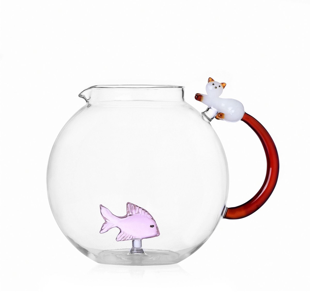 Ichendorf Milano - Waterkan - Karaf - Tabby Cat - vis roze + poes wit met staart amber - H16.5cm