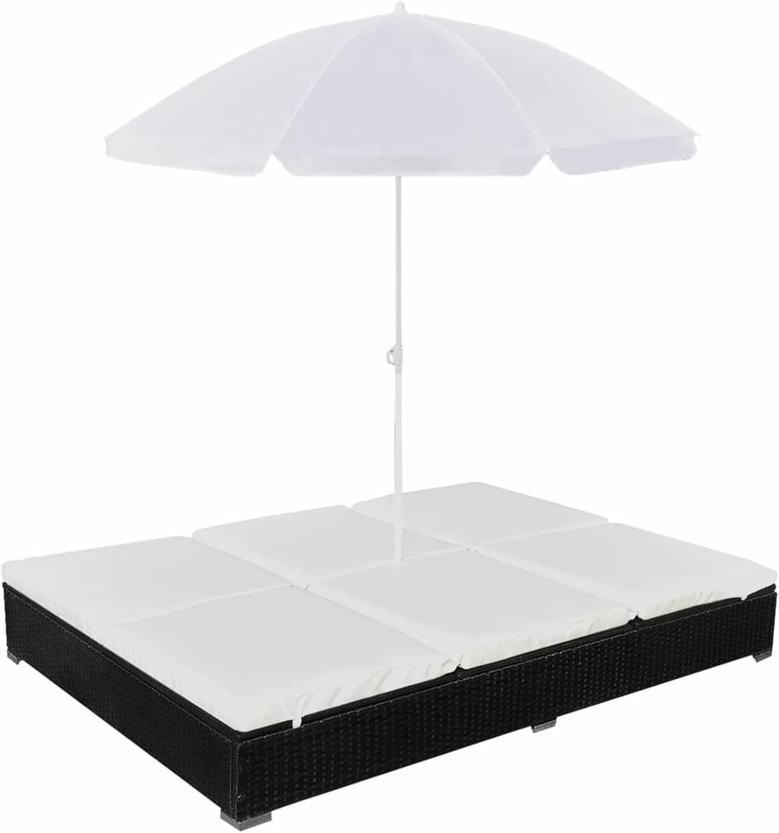Luxe 2-Persoons Polyrotan Sun Island Ligbed met Parasol en Comfortabele Kussens – Dubbele Tuin Lounger 200x140x140 cm Weerbestendig Outdoor Daybed Zwart