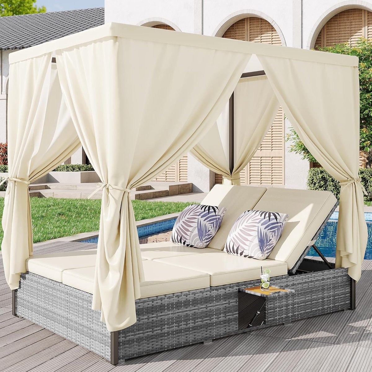 Luxora Premium Dubbel Rotan Zonne-eiland Ligbed 187x128x186 cm met Gordijn, Verstelbare Rugleuningen en Tafel – Waterafstotend Outdoor Lounge Bed voor 2 Personen Tuin & Terras