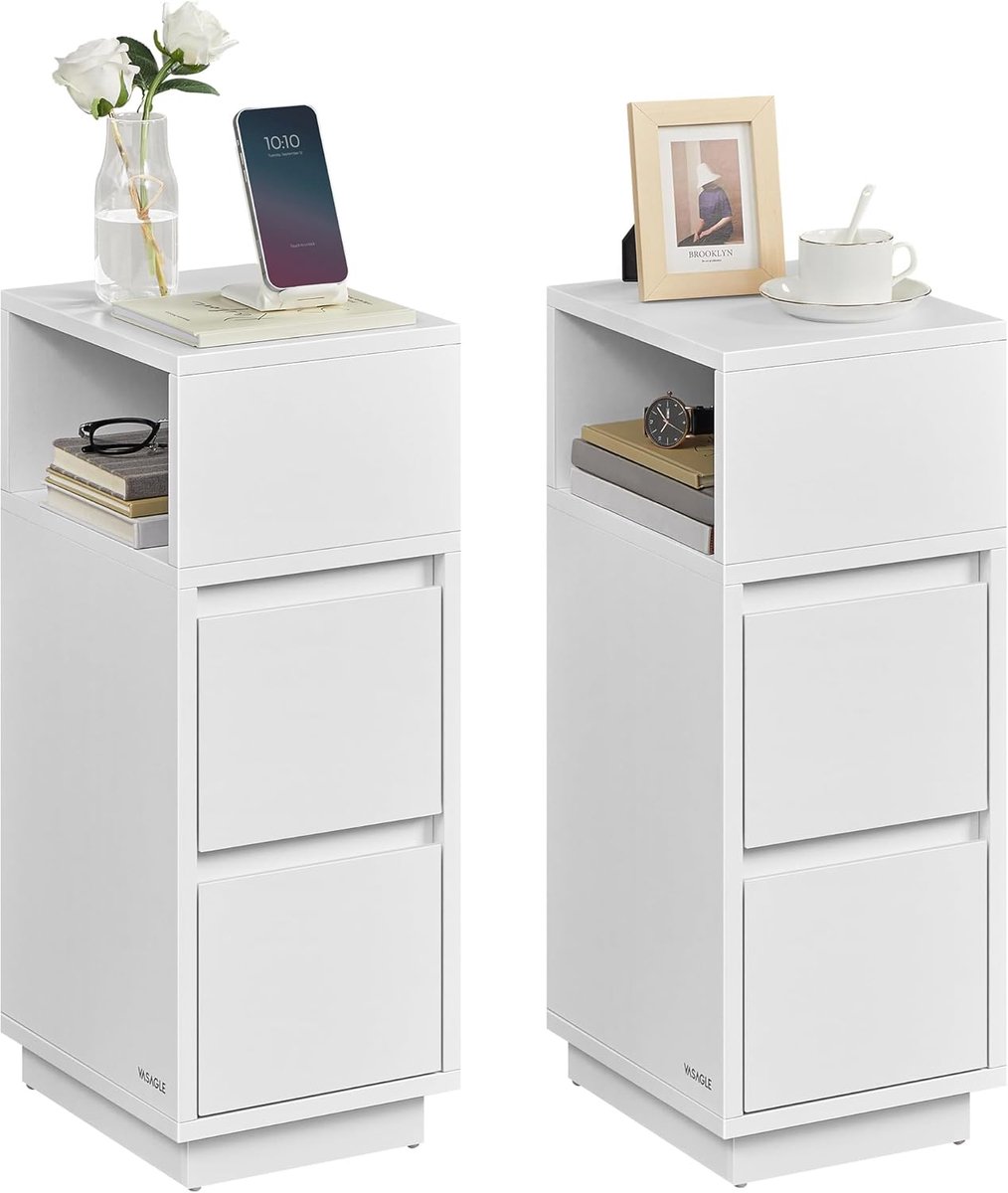 VASAGLE nachtkastje set van 2, smal, bijzettafel met 2 lades, open vak flexibel links of rechts te monteren, voor slaapkamer, woonkamer, wolkenwit LET856W01