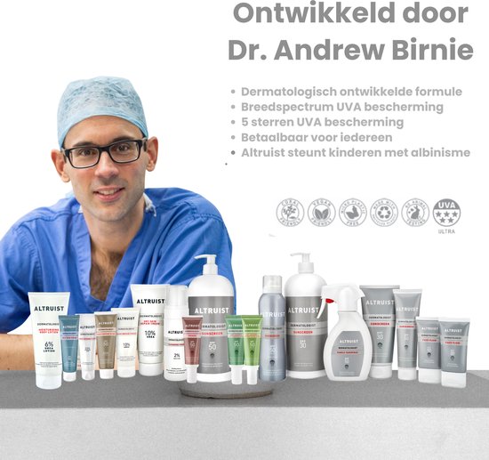 Dr. Andrew Birnie met diverse Altruist zonnebrandproducten, waaronder tubes en sprays.