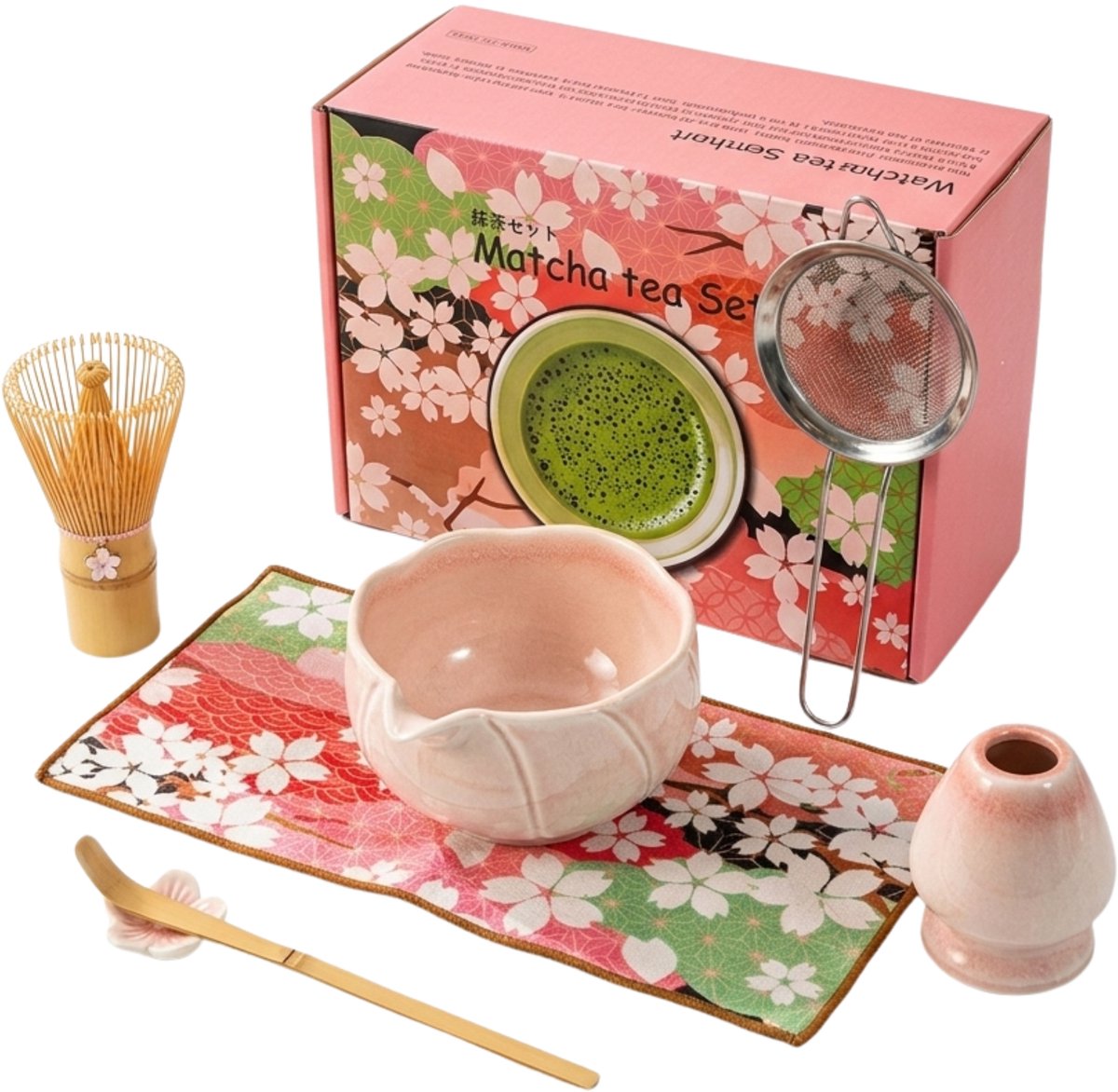 COZELLA® Matcha Set 8-Delig – Matcha Klopper - Keramieke Kom - Cadeau Set - Roze