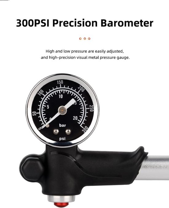 Schokpomp - Luchtdrukmeter pomp - Veren aanpassen - 300 PSI Hoge Druk - Compact Lichtgewicht - Zwart — afbeelding 5