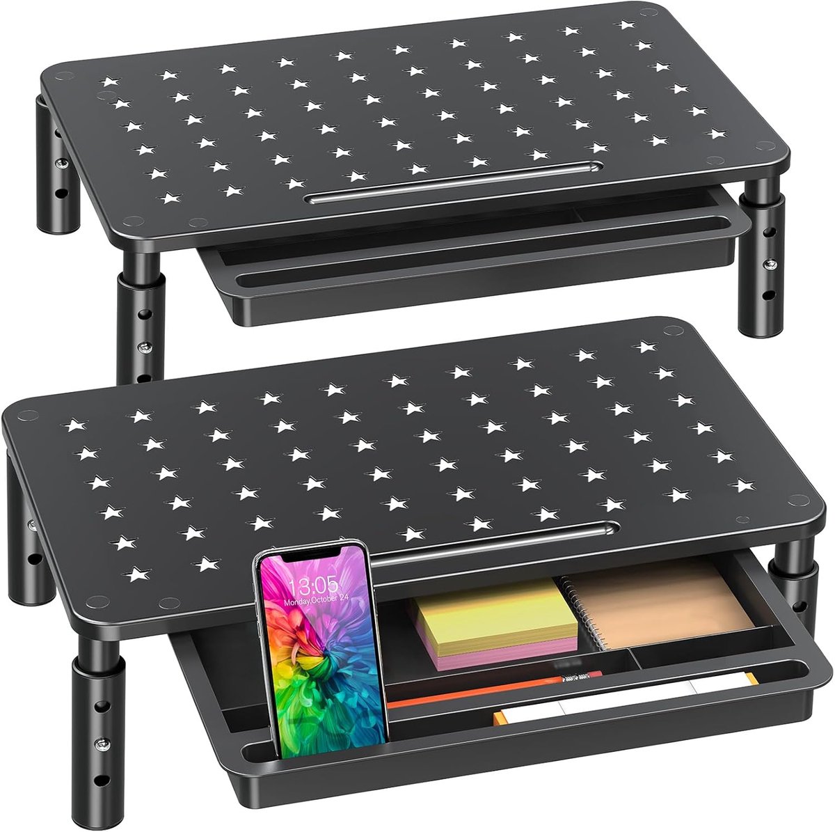 Monitor Stand Riser - Verhoger Bureau - Bureau Organisatie - 3 Hoogte Instellingen - 2 Stuks - Zwart