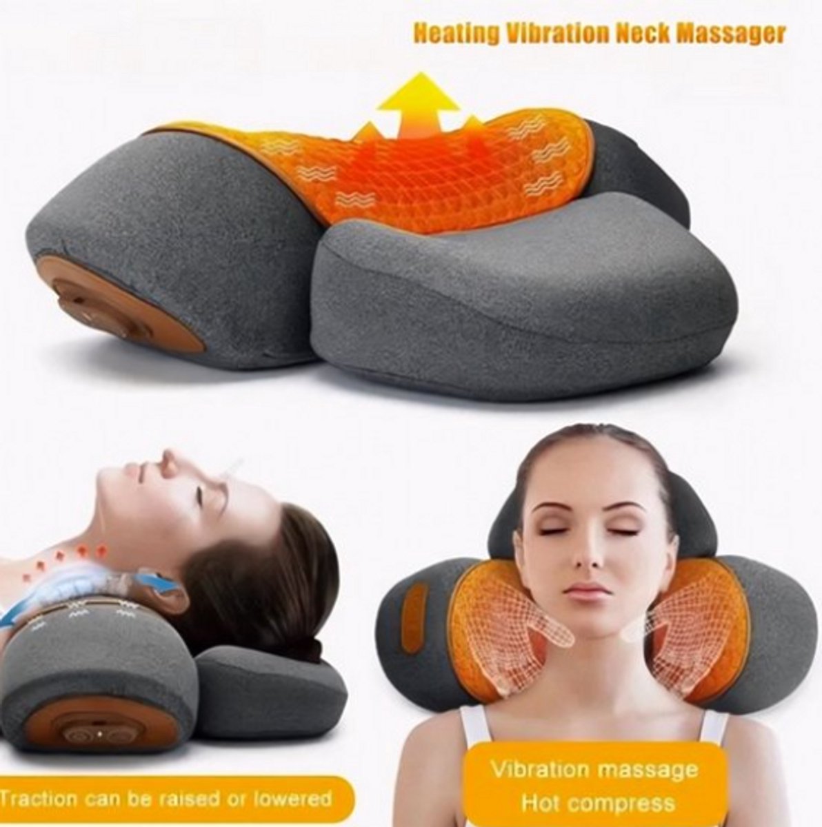 Elektrische Nekmassage Apparaat met Verwarming – Cervicaal Massagekussen voor Nek- en Schouderpijn – Trillingen, Warmtekompres & Nektractie – Nek- en Rugmassager voor Thuisgebruik- Zwart