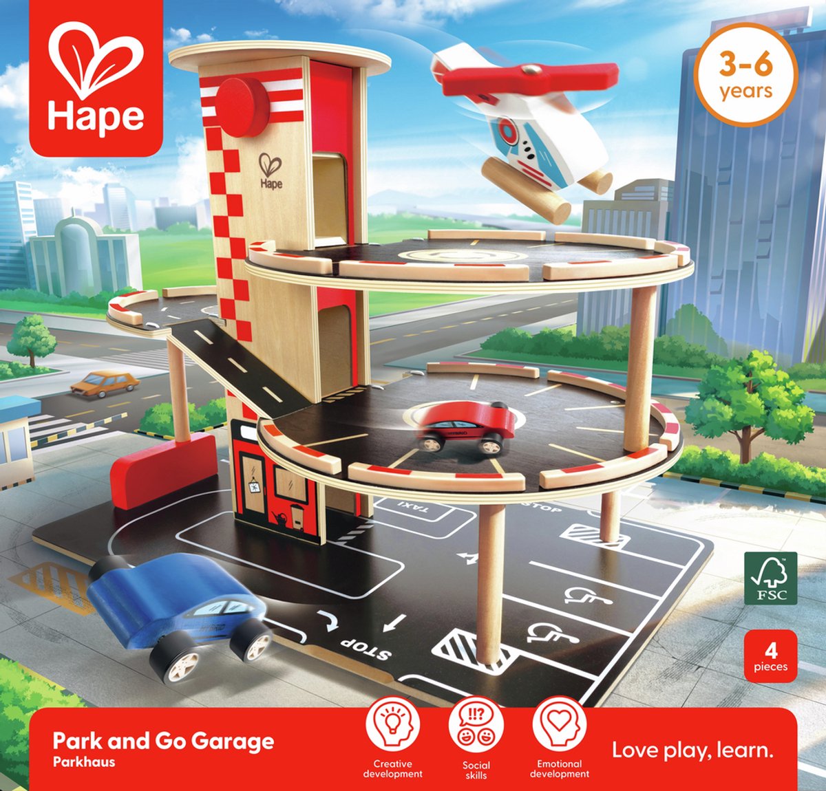 Hape Park & Go Garage - Speelgoed Parkeergarage met Lift, Helikopter en Auto's, 3 jaar+ — afbeelding 6