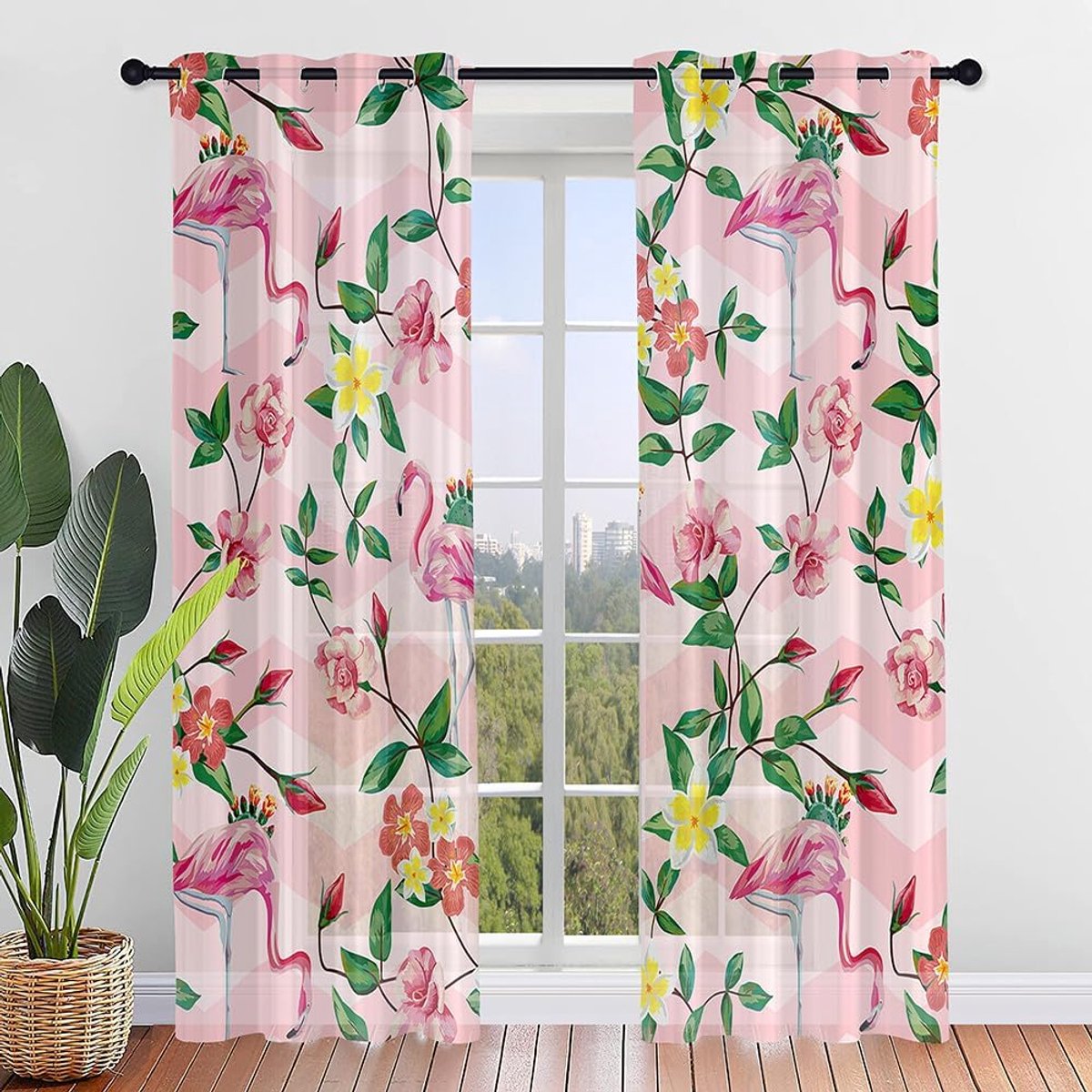 Voile Gordijnen - Lichtdoorlatend - Raamdecoratie - 3D Flamingo Patroon - 55x108 Inch - Roze Roos