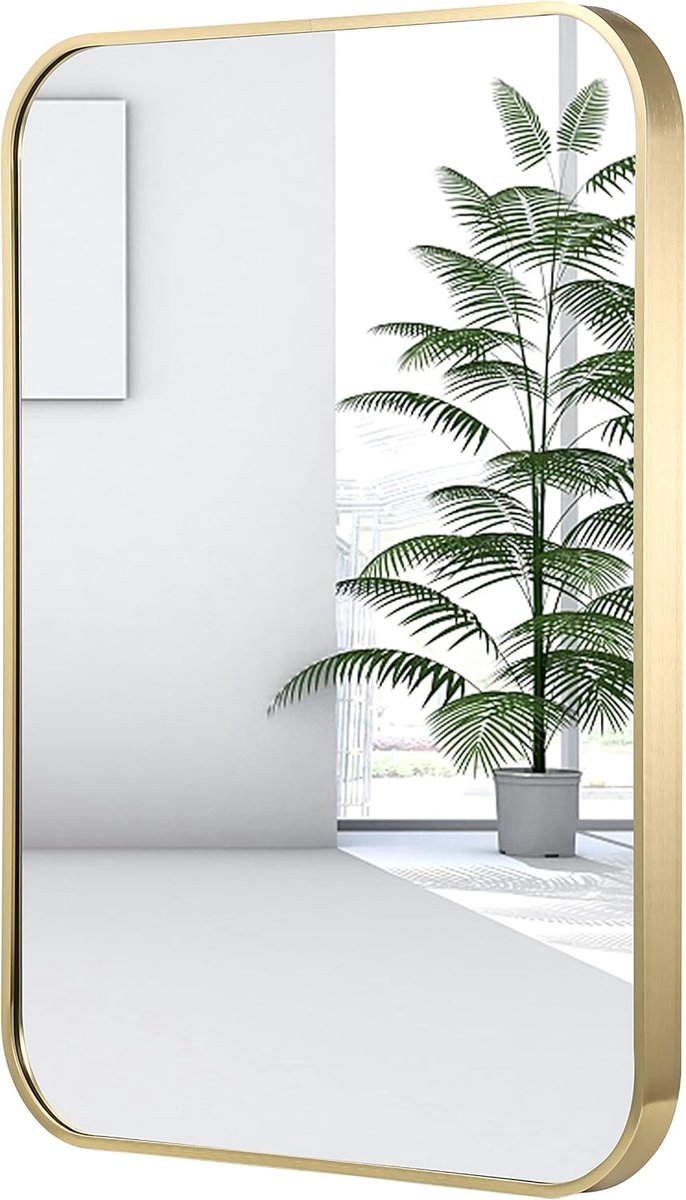 Badkamerspiegel Rechthoekig - Wandspiegel Modern - Slaapkamer Woonkamer - Afgeronde Hoeken - 61x91 cm - Goud