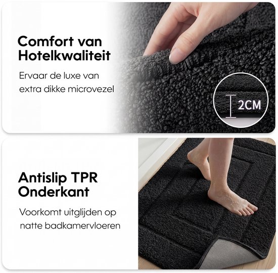 Detailopname van de zachte textuur van de zwarte badmat (2cm dik). Tekst: 'Comfort van Hotelkwaliteit', 'Antislip TPR Onderkant'.