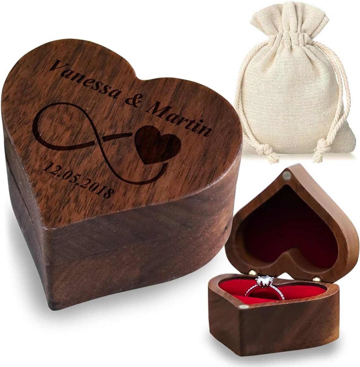 Ring Box - Juwelendoosje Bruiloft - Ring Presenteren - Gepersonaliseerde Gravure - 6x5.4x3.5cm - Walnoot Hart