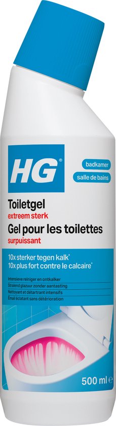 Witte fles HG toiletgel met blauwe dop en label in het Nederlands en Frans, met afbeelding van een verlichte toiletpot.