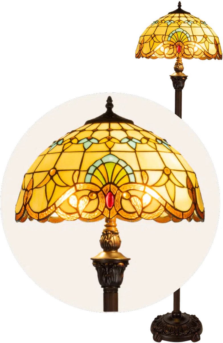 Tiffany vloerlamp Art Nouveau - Crème-amber - Ø 40 × H 165 cm - Staande lamp - Glas in lood - Warm licht | RORUVERA