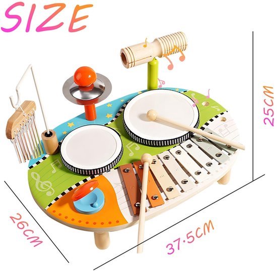 6 in 1 Kinderdrumstel - Houten drumstel - Muziektafel met xylofoon windgong - Baby Montessori percussie-instrumenten speelgoed vanaf 1 jaar, cadeau — afbeelding 3