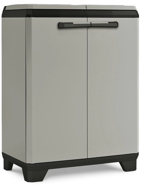 Petite armoire de rangement Keter Planet grise avec portes et pieds noirs, vue de face, sur fond blanc.