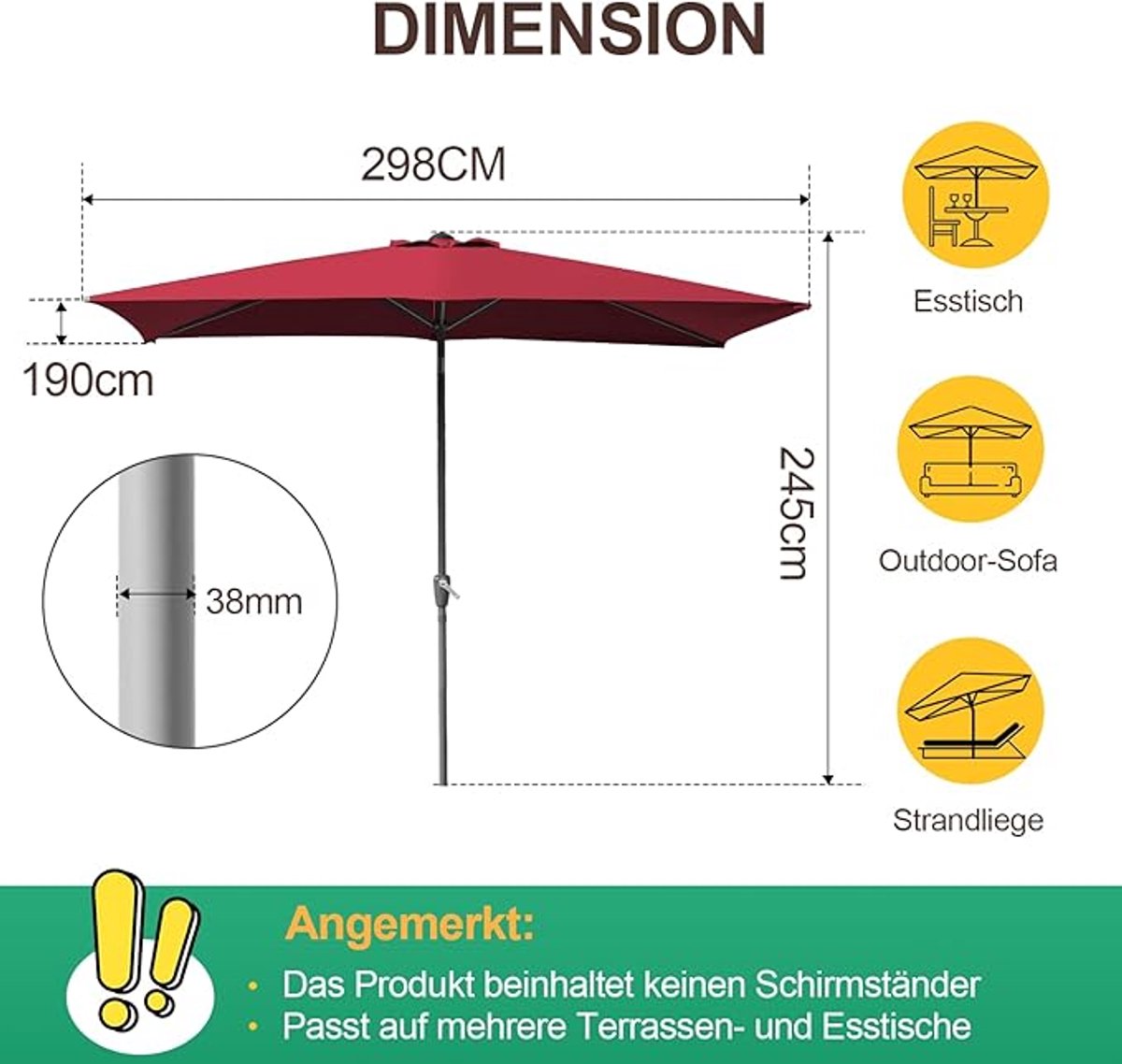 Tuinparasol Bellavero RectaShade – Rechthoekige Parasol 300x200 cm, UV50+ Bescherming, 30° Kantelbaar, Waterafstotend, Met Handslinger – Ideaal voor Tuin, Terras en Balkon, Zonder Standaard
