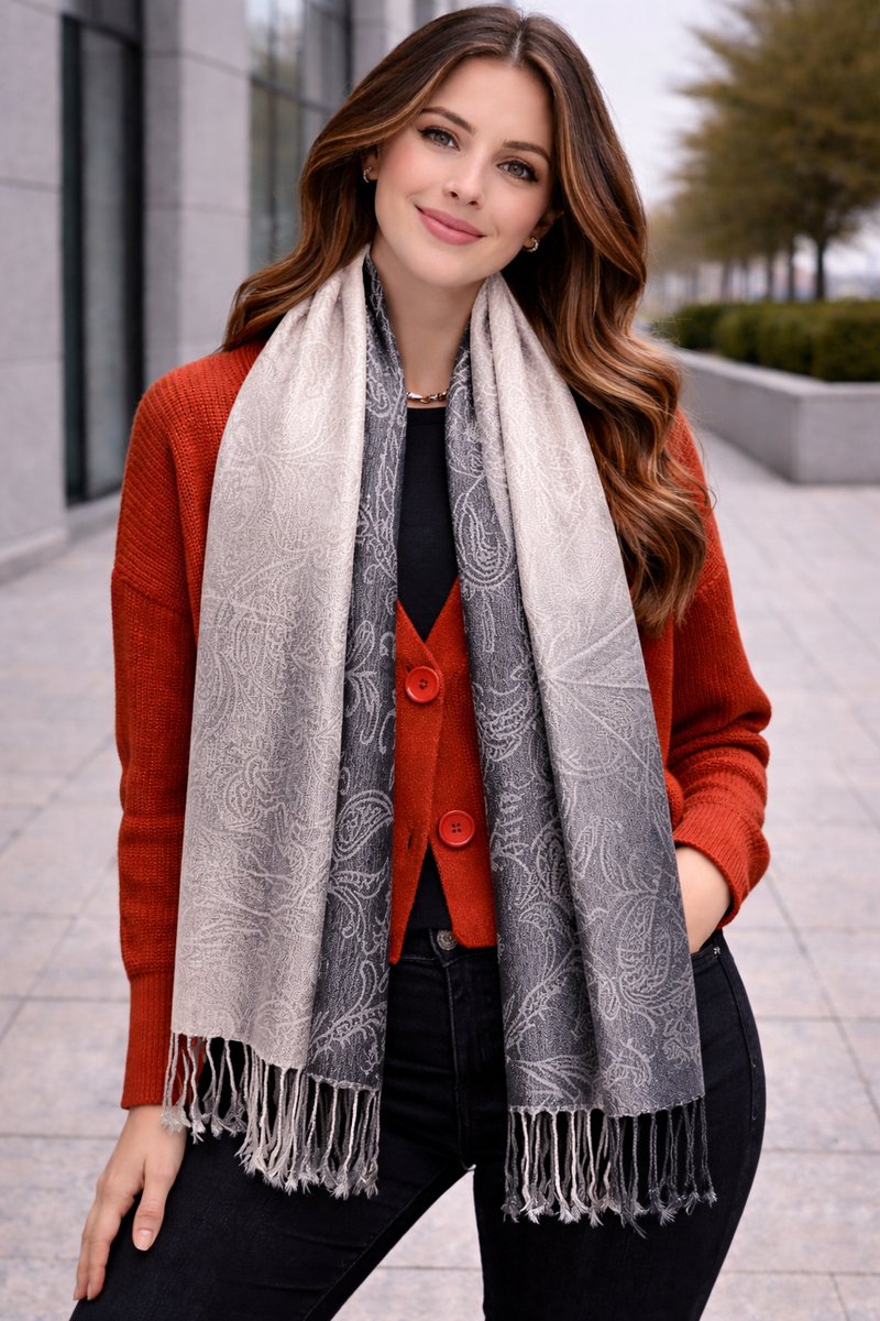 Pashmina Sjaal Dames – Luxe Paisley Sjaal – Zachte Warme Omslagdoek – Elegante Dames Sjaal met Franjes – Fijn geweven trendy Sjaal- Tweezijdige omslagdoek – Verkrijgbaar in Verschillende Kleuren 212/2- Grijs met Camel