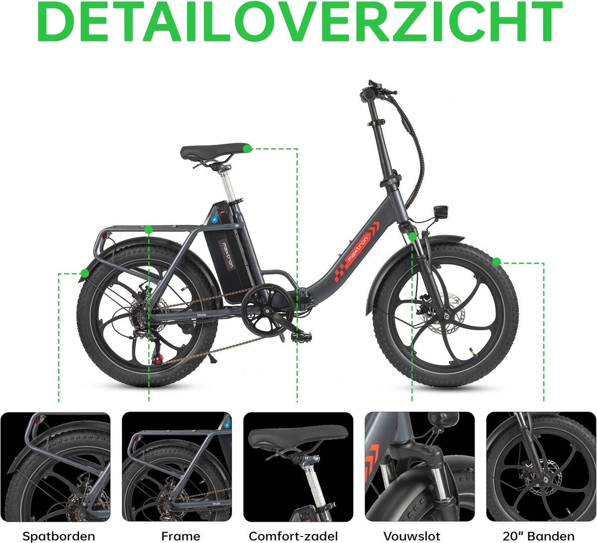 Maxtron MULE Elektrische Fiets – Opvouwbare E-bike – 20×3.0 Inch Banden – 48V 20Ah Accu – Actieradius tot 70 km – Mechanische Schijfremmen – Stadsfiets – Max. Belastbaar 120 kg –Grijs thumbnail 8