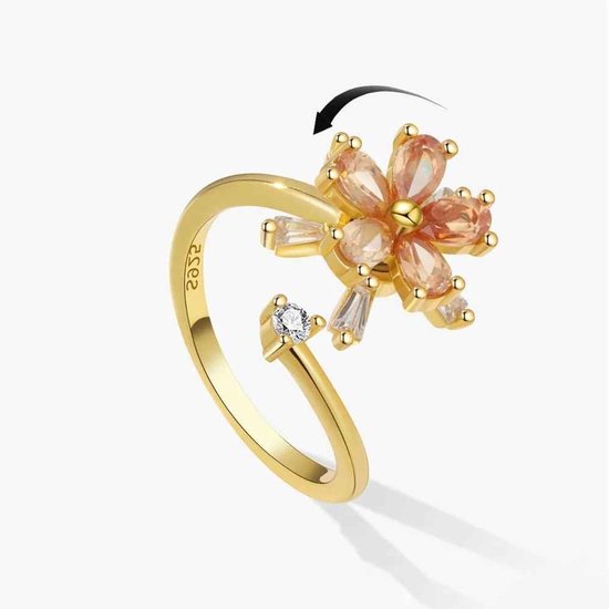 Gouden fidget ring met een bloem van oranje en roze steentjes. De ring is verstelbaar en heeft een draaibare functie.