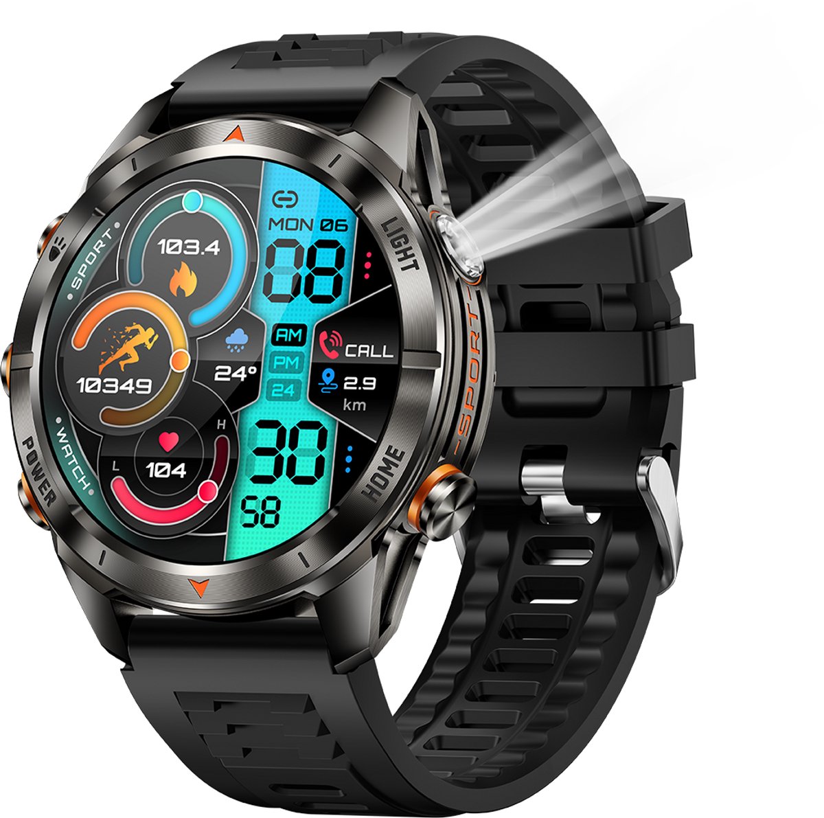 Knobbout Smartwatch 1.46" Scherm (3,7 cm) met Krachtige Zaklamp & UV Licht – 3ATM Waterdicht | Bluetooth Bellen | 515mAh Lange Batterij | Sport & Gezondheid Tracker | Full Metal Design - Zwart