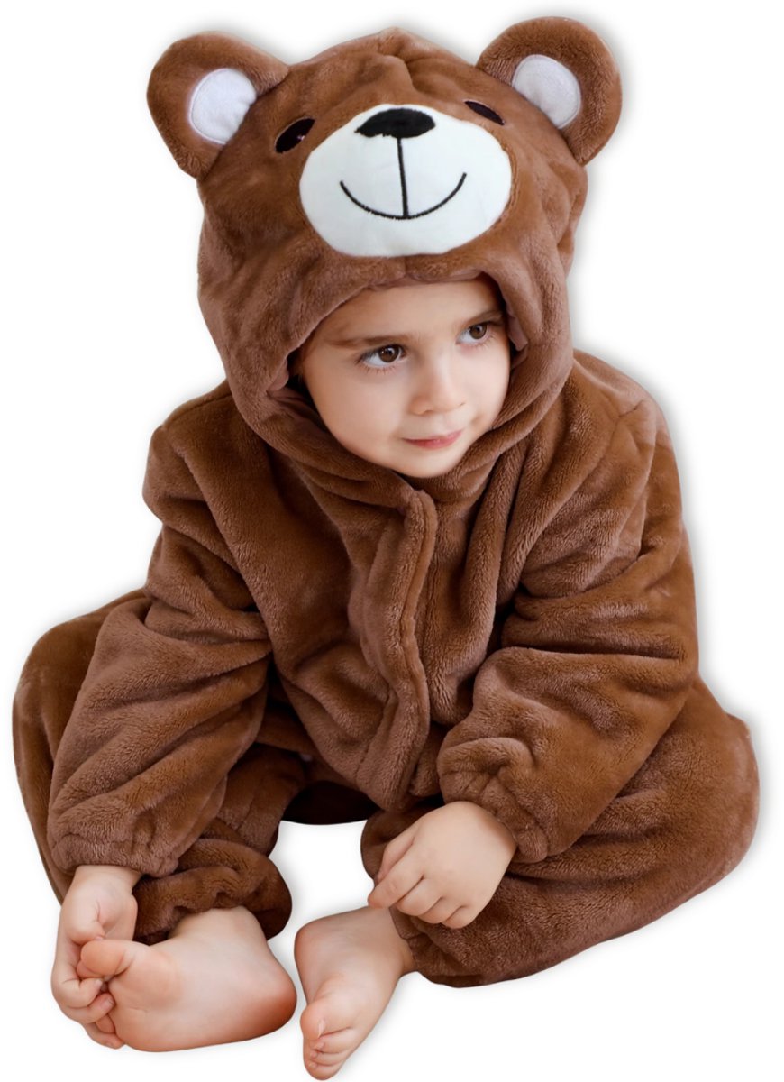 BoefieBoef Dieren Onesie Pyjama Kinderen 6m-2jr – Berenpakje Bruin – Verkleedkleding met Luierrits – Carnaval Dierenpak - Kerst en Kraamcadeau Tip – Zacht Flanel - Romper - Boxpak - Jongens - Meisjes