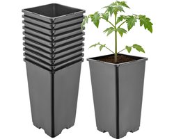 Garronda Set van 10 hoge vierkante kunststof kweekpotten met drainagegaten voor tuin (Zwart, 11 x 11 x 19 cm (1,7L)) GD-KW-HS