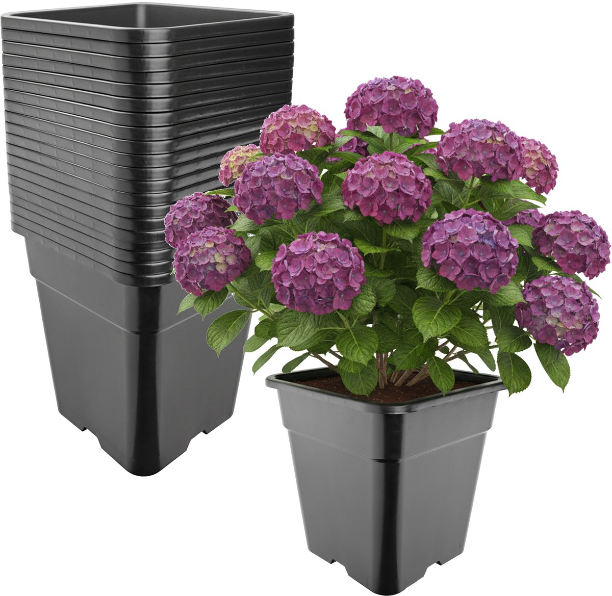 Garronda Set van 20 hoge vierkante kunststof kweekpotten met drainagegaten voor tuin (Zwart, 33 x 33 x 34 cm (25L)) GD-KW-HS