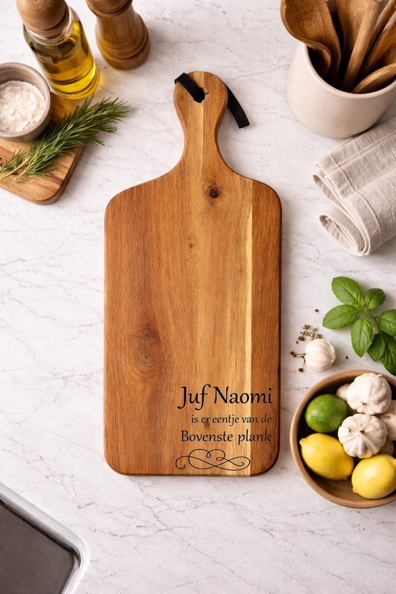 Gegraveerde borrelplank juf – Houten snijplank met tekst – Cadeau voor juf – Bedankje juf – Uniek cadeau.