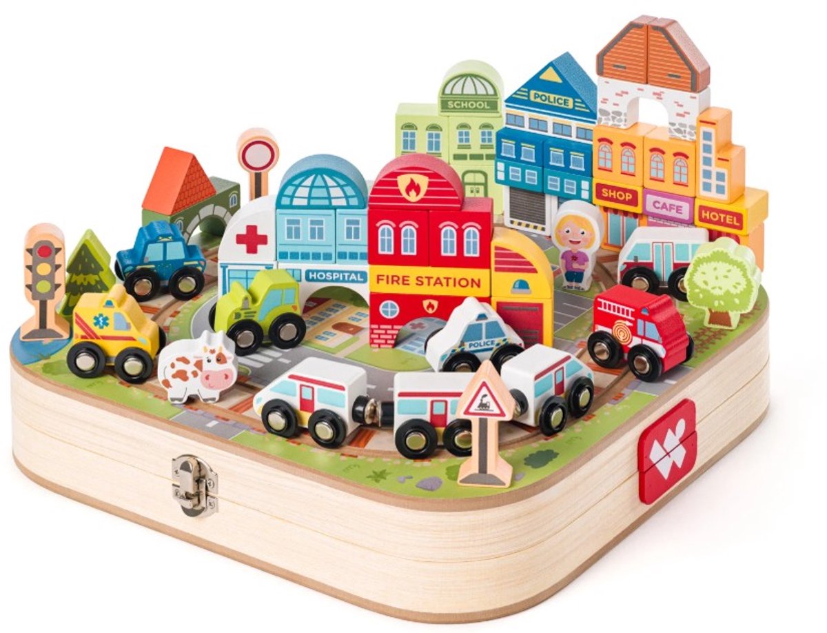 Woody houten speelgoedkoffer met blokken en trein - 55-delig - speelset.