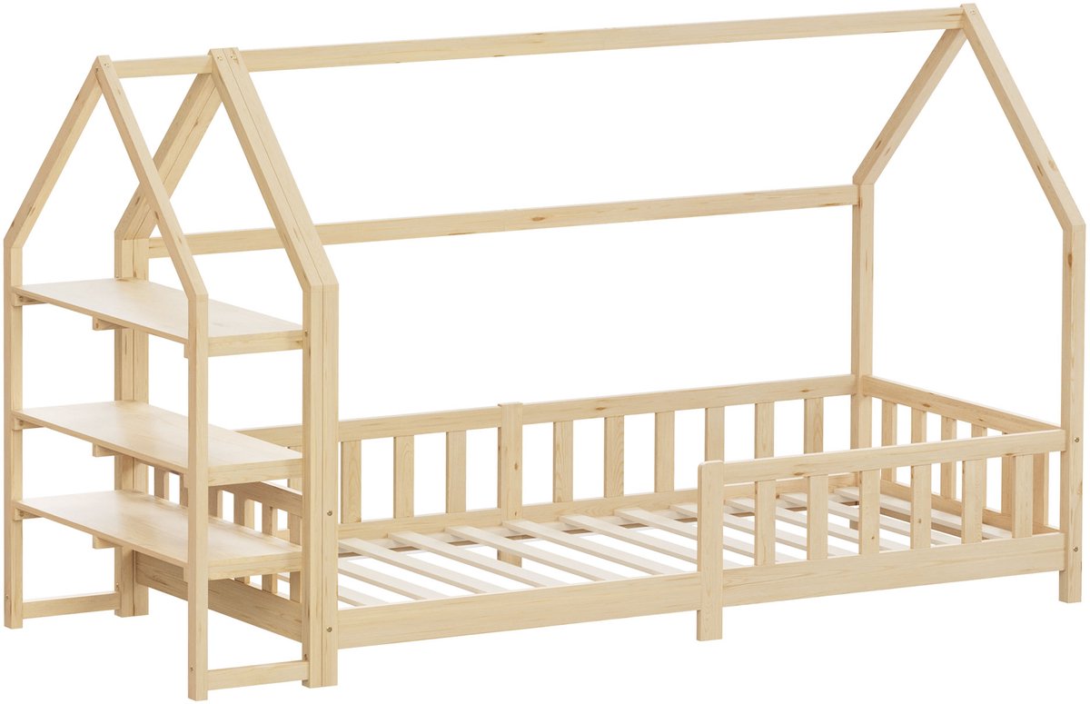ml-design kinderbed montessori met plank 90x200 cm met valbeveiliging houten huisbed voor meisjes en jongens massief grenenhout naturel dak lattenbodem duurzaam jeugdbed peuterbed juniorbed veilig en laag kinderbed slaapplaats kinderkamer bedframe Natuur