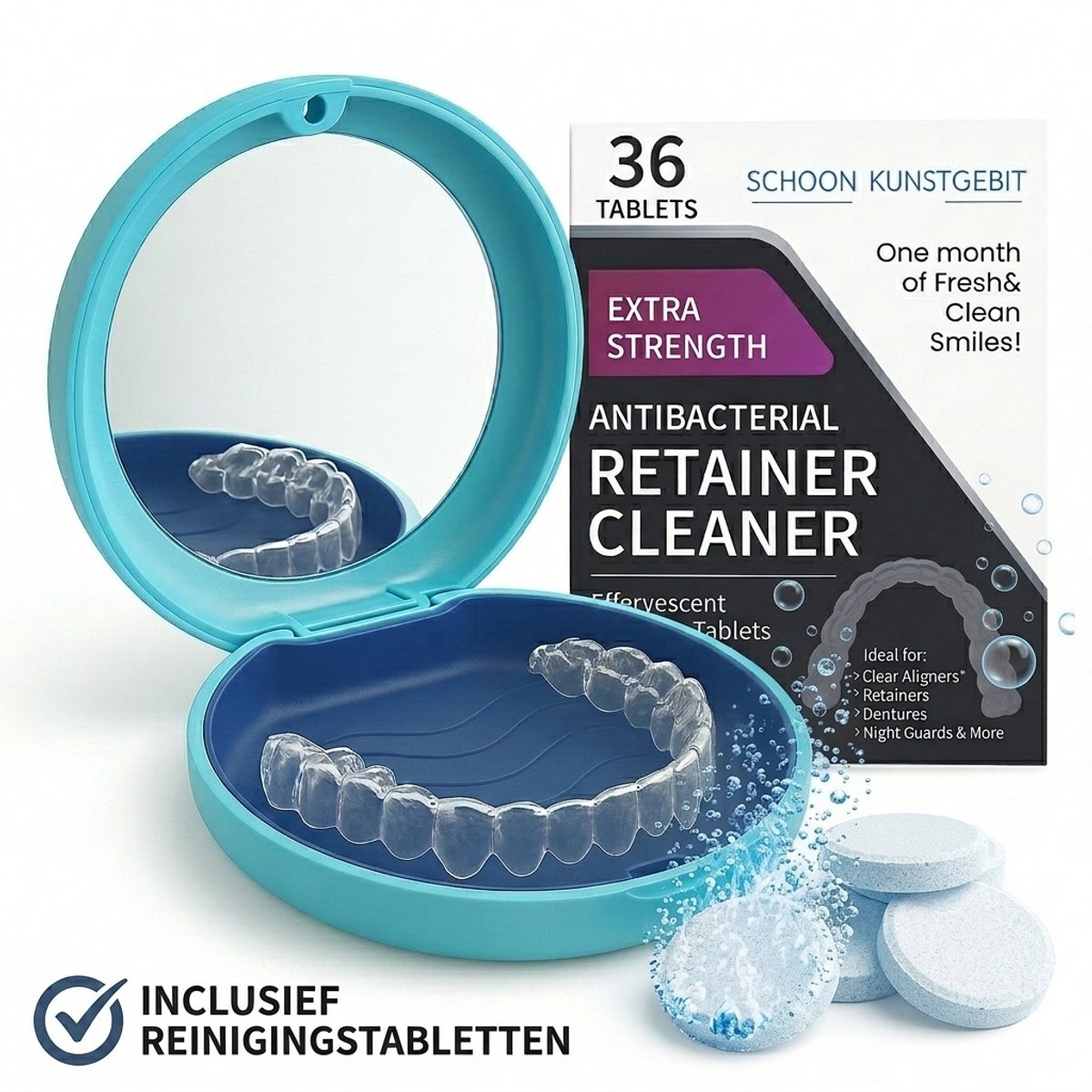 Invisalign Doosje + Reinigingstabletten – Aligner Case met Spiegel – Retainer Bakje & Beugel Reiniging Tabletten 36 stuks