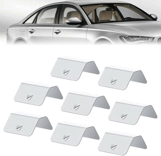 Set van acht zilverkleurige windafwijsclips boven een zilverkleurige auto.
