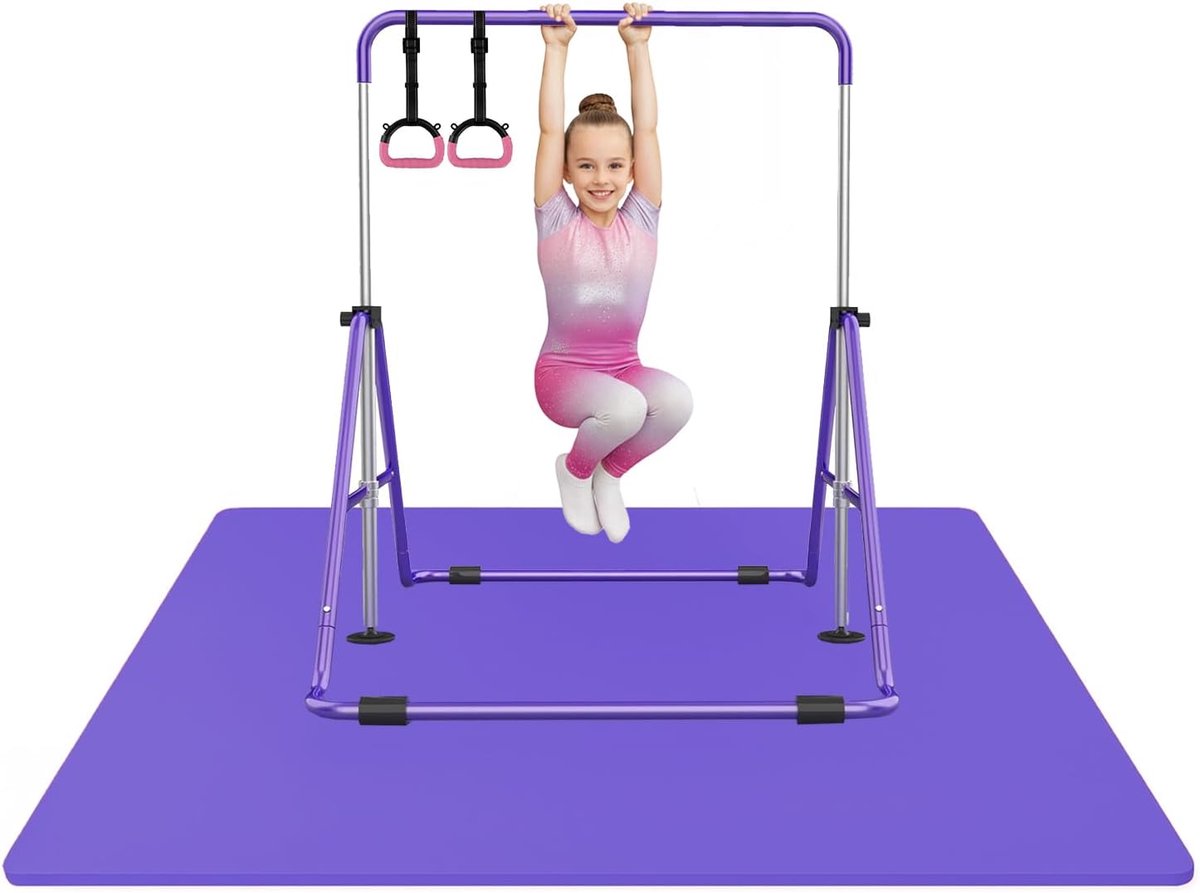 Kinder Gymnastiekset - Turnrek Mat Ringen - Thuis Trainen Spelen - Verstelbaar Opvouwbaar - 90-130 cm - Paars Roze