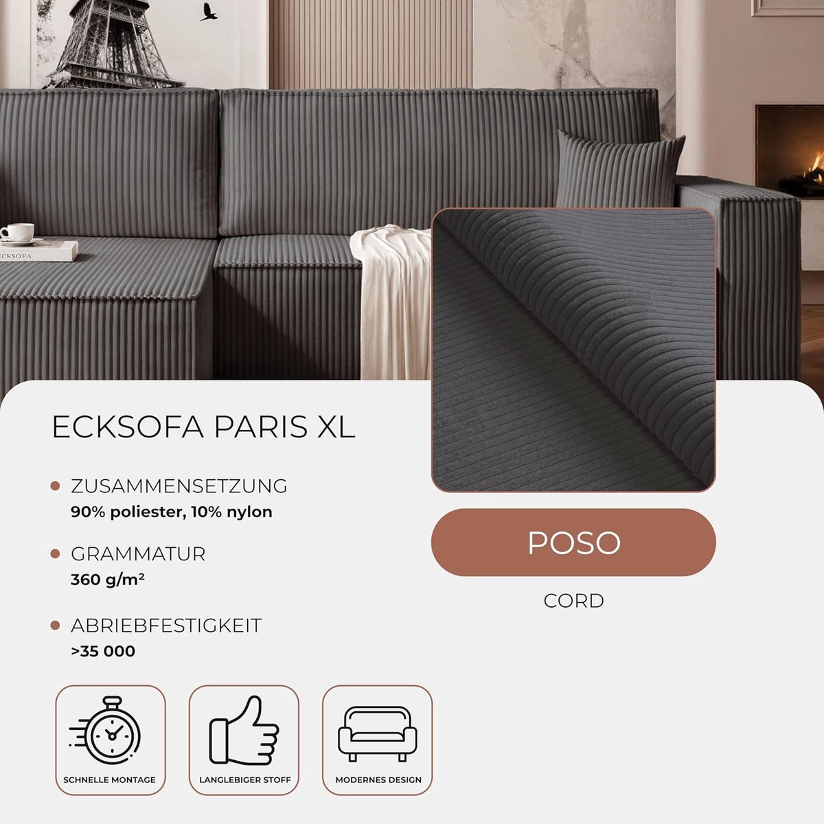 Slaapbank met Opbergruimte en Slaapfunctie 276x145x79 cm L-vorm Corduroy Hoekbank 3-Zits met Bedlade en Ottomaan – Modern en Comfortabel – Poso 34 – Laura