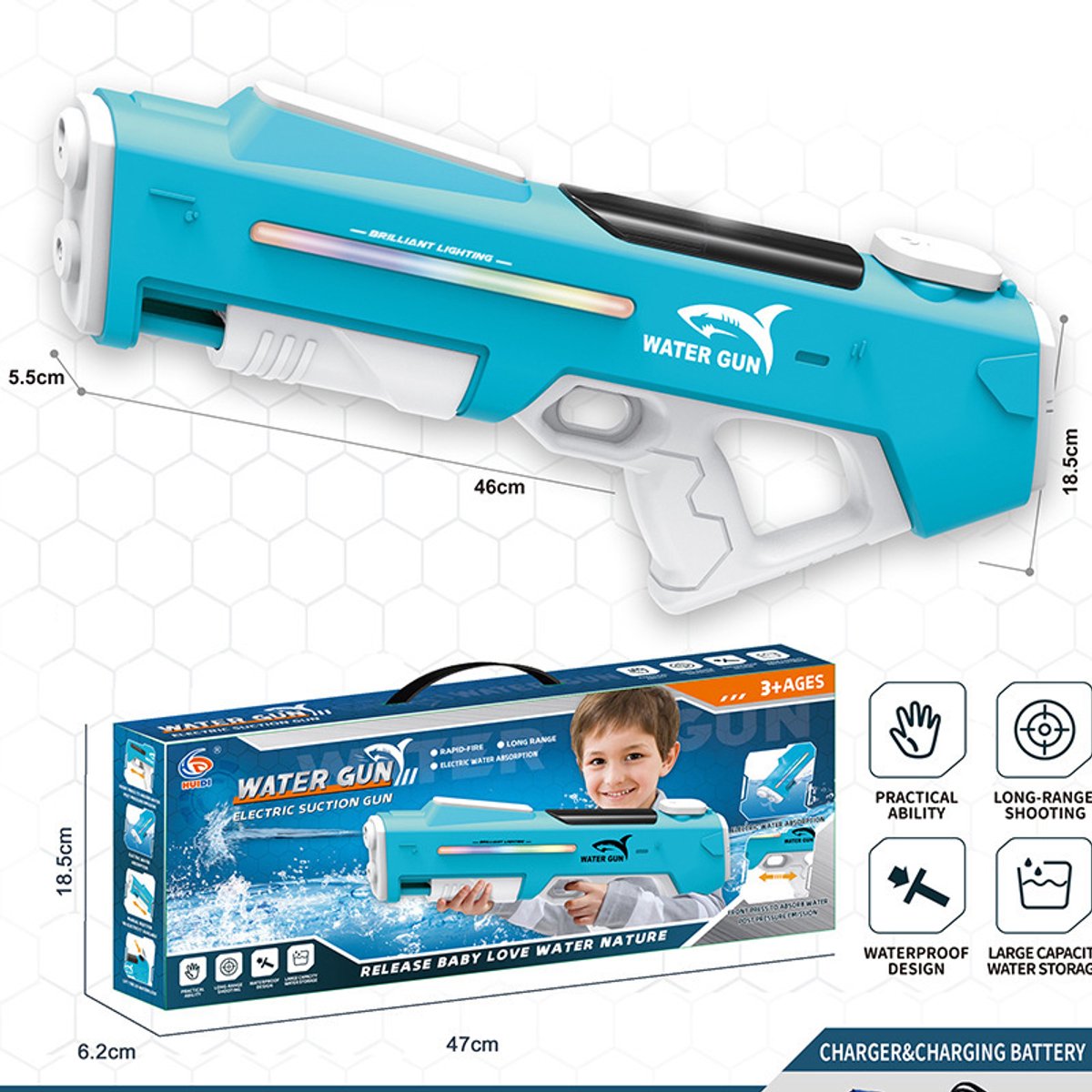 Elektrisch Waterpistool 46cm XL - 7m Bereik - 350ml - Water Pistool met Licht - Automatisch Watergeweer - Super Soaker - Waterspeelgoed - Elektrisch speelgoed - Buitenspeelgoed voor Kinderen & Volwassenen - Inclusief batterij - USB Oplaadbaar - Blauw — afbeelding 2